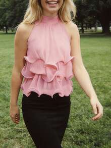 Women's Y2k Halter Flounce Tank Tops Solid Color Sleeveless Mock Neck Backless Layered Ruffle Flowy Blouse For Daily Office Party Wear - Pink - View 3