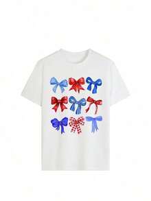 Red, White, And Patriotic Blue Bow Graphic Crew Neck T-Shirt - Viral, Cute, And Stylish, A Must-Have For The 4th Of July Celebration, Capturing The Joy Of The American Holiday And Bow Fashion, The Ultimate Viral Item For Casual Summer Wear - 白色 - 查看 2