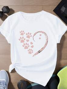 Women's Plus Size Round Neck Short Sleeve T-Shirt, 200g, Pure Cotton, Soft And Skin-Friendly, Mother's Day Exclusive, Sizes 3XL-5XL, With Heart-Shaped Paw Print Print, Women's Short Sleeve Sports T-Shirt, Elegant Blouses For Women. - 白色 - 查看 7