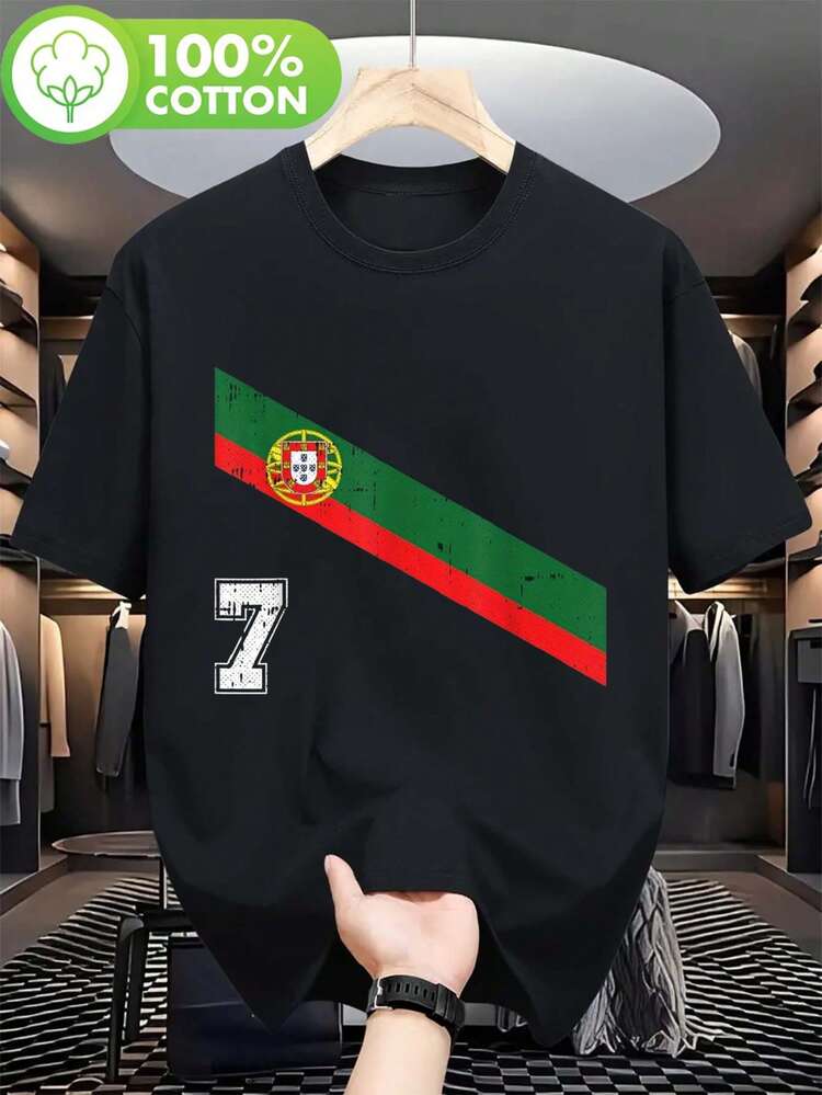 1pc Of Men'S Portugal No. 7 Football Jersey Featuring Black, Green, And Red Stripes. This Casual Short-Sleeved Round Neck Shirt Is Machine Washable And Makes A Perfect Gift For Sports Enthusiasts During Spring And Summer. Note: This Is The Upper Gar - 黑色 - 查看 6