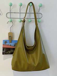 Women's Solid Color PU Leather Fashion Large Capacity Shoulder Bag For Daily Use - Army Green - View 5