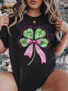 Women's Round Neck T-Shirt With Four Leaf Clover Print And Pink Bow, Short Sleeve, Casual Style, For St. Patrick's Day Celebration, Cool Summer Clothes For Women. - 黑色 - 查看 1