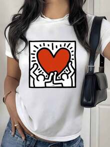 100% Cotton. Red Hearts Held By Figures Symbolizing Unity, Hope, And Positive Energy In Every Stroke. Women's T-Shirt, 100% Soft Cotton, Casual, Modern. Women's Simple Solid Color T-Shirt, Loose And Slim Fit, Casual Short Sleeve - 白色的 - 查看 11