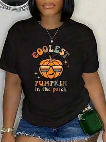 Women's Short-Sleeved T-Shirt With Round Neck And Fun Cartoon Pumpkin Design, Ideal For Halloween. - 黑色 - 查看 3