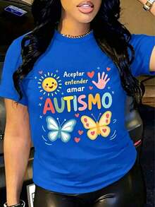 Gift Comfortable Graphic Shirts For Women That Promote Autism Awareness In Spanish 100% Cotton Soft - Blue - View 1