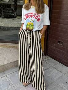 Casual Chic Minimalist Striped Textured Design Loose Fit Everyday Versatile Striped Pants Black - Black - View 5