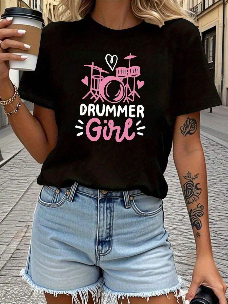 100% Cotton DRUMMER Letter Print T-Shirt, Short Sleeves And Round Neck, Casual Top For Summer And Spring, Women's Clothing. Women's Simple Solid Color T-Shirt, Loose And Slim Fit Casual Short Sleeve - 黑色 - 查看 1