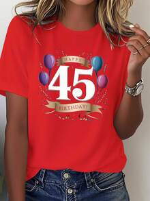 Celebrating The 45th Anniversary, Birthday Gift For Women, Comfortable Solid Color T-Shirt, Elegant Party Outfit, T-Shirt For Elegant Ladies, Blouses Suitable For Curvy Women, Casual Wear, Cool And Sweat-Free Summer Clothes, Fun Letter Print - 紅色 - 查看 6