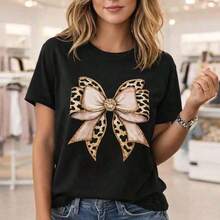 Women's Cotton Leopard Print T-Shirt With Bow, Casual Short-Sleeved Round Neck Top, Loose-Fitting Basic T-Shirt, Suitable For Everyday Wear, Comfortable And Soft Cotton Shirt,  Animal Print And Bow Design, Women's Shirt. - 黑色 - 查看 1