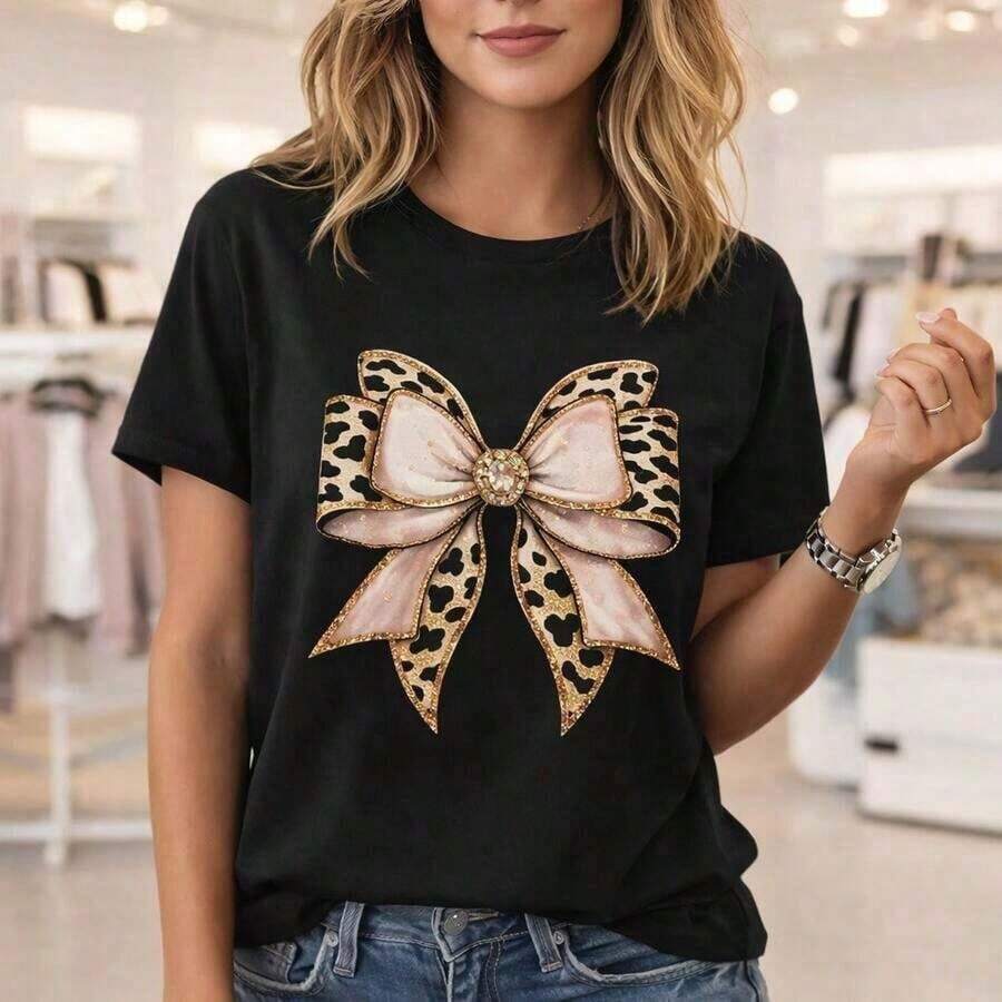 Women's Cotton Leopard Print T-Shirt With Bow, Casual Short-Sleeved Round Neck Top, Loose-Fitting Basic T-Shirt, Suitable For Everyday Wear, Comfortable And Soft Cotton Shirt, Animal Print And Bow Design, Women's Shirt. - 黑色 - 查看 1