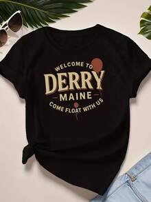 Women's Casual Short-Sleeved T-Shirt With "Welcome To Delhi, Aine" Print, Loose Fit, Round Neck, White, Machine Washable, Spring/Summer Top. Elegant Party Outfit, Stylish Ladies' T-Shirt, Blouses Suitable For Curvy Women, Casual Wear, Cool And Sweat-Free Summer Clothing, Fun Letter Print. - 黑色 - 查看 6