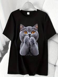 T-Shirt With A Cute Gray Cat Print. Available In 6 Colors, Short Sleeves, Round Neck, High-Stretch Casual Sports Top. Machine Washable. Suitable For Spring And Summer. Can Be Worn In All Seasons. Women's Clothing. Elegant Party Outfit, T-Shirt For Stylish Ladies, Blouses Suitable For Curvy Women, Casual Wear, Cool And Breathable Summer Wear, Fun Letter Print. - 黑色 - 查看 6