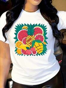 Cool Women's Casual T-Shirt With A Tropical Pineapple And Watermelon Print, Loose Fit - Soft, Breathable, Short Sleeve, Summer Beachwear, Casual And Loose Fit With Vibrant Fruit Design, All-Season Comfort, Ideal For Everyday And Vacation Outfits. - 白色 - 查看 6
