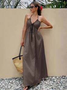 Vestido largo y sin espalda con escote en V para playa para mujer - Marrón Mocha - Ver 6