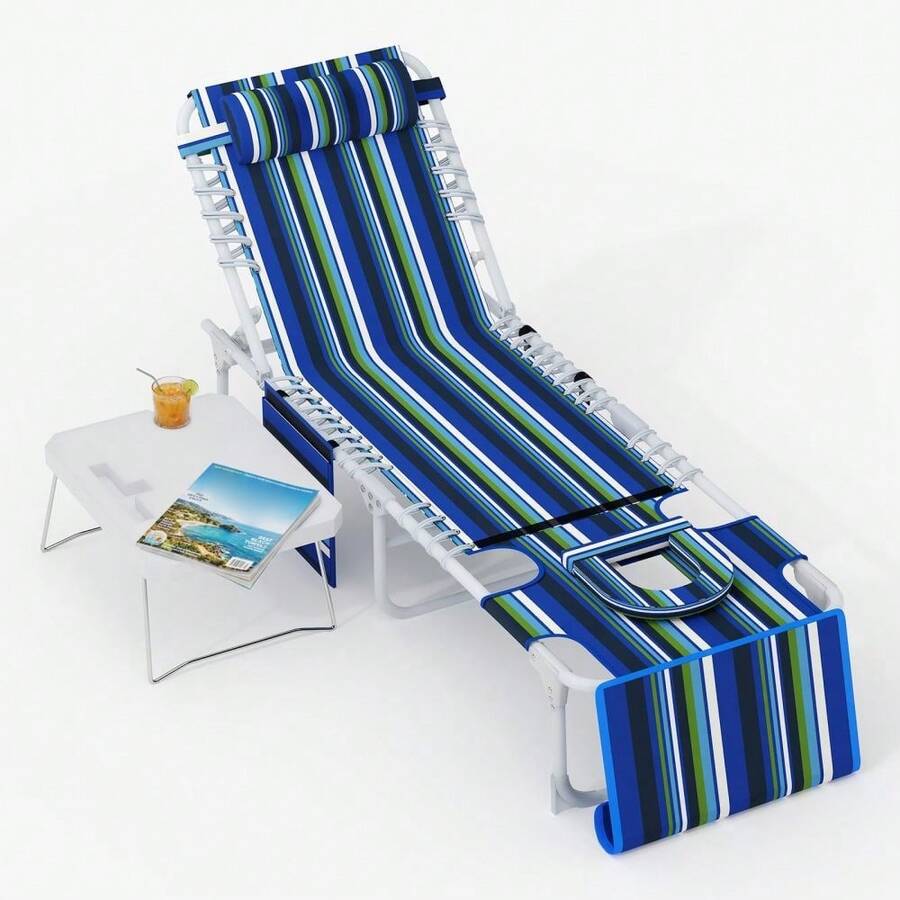 Silla de bronceado con hueco para la cara, silla de playa exterior con mesa plegable integrada, 5 posiciones de reclinación y almohada extraíble, ideal para playa, piscina, jardín y patio - Negro Verde Blanco - Ver 1