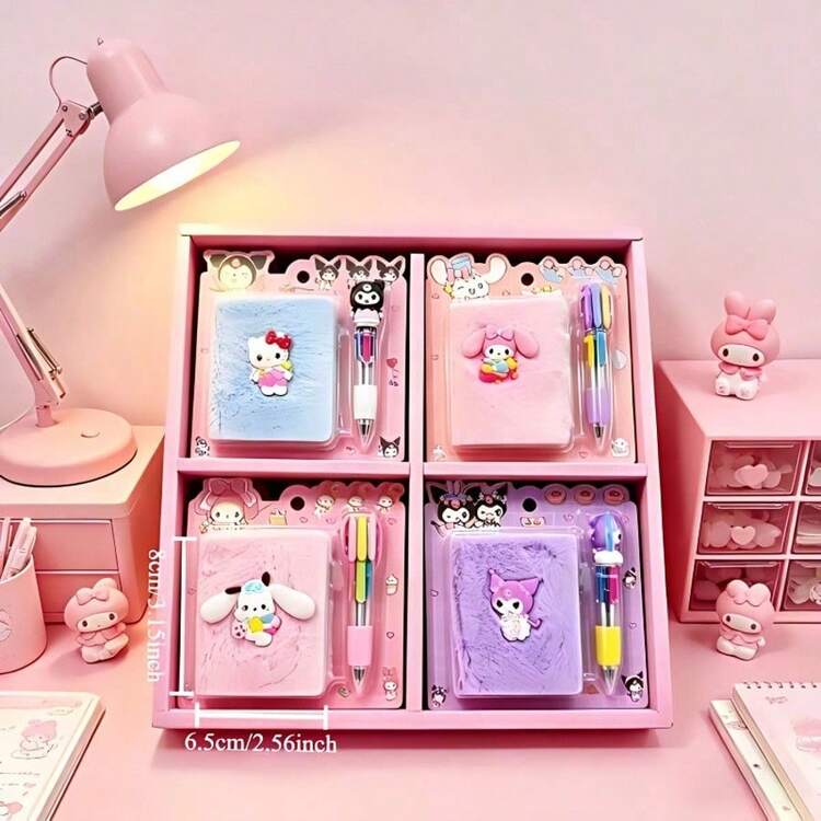 SANRIO 一套三丽鸥高级笔记本，含4支可伸缩圆珠笔，成人书写文具，柔软毛绒笔记本，四色圆珠笔套装 - 创意可爱学生文具奖品 - 多色 - 查看 3