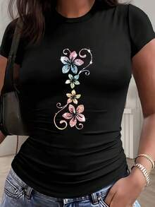 Artistic Floral Print - Y2K Style - Women's Casual T-Shirt, Elegant, Sporty, Small Size, Slim Fit, Solid Color, With Detailed Pleats At The Waist, Round Neck, Short Sleeve, Suitable For Four Seasons. - 黑色 - 查看 1