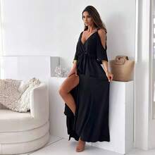 Women's Red Dress With V-Neck, Off-The-Shoulder Lacing, Three-Quarter Sleeves, High Side Slit, Gathered Waist, Flowing Chiffon Fabric, Elegant And Sexy Style Ideal For Summer Vacations, Beach Parties And Formal Evening Events - 黑色 - 查看 6