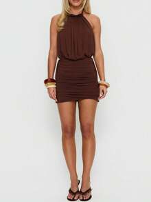 Women's Halter Neck Ruched Dress Sleeveless Backless Solid Color Bodycon Mini Dress Clubbing Party Dress - Rust Brown - View 7