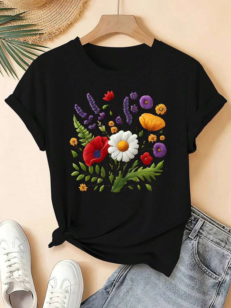 Plus Size Floral Shirt For Women - Floral Print Top With Black And Red Background, Purple, Yellow, Green, Stretch Fabric, Casual Outfits For Everyday Life And Vacation - Retro Tops For Women, Summer Fashion, Retro Style Shirt, Soft Fabric Shirt, 100% - 黑色 - 查看 1