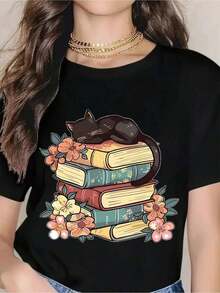 Women's T-Shirt With Print Of A Cat Sleeping On Books With Flowers, Casual Summer T-Shirt For Women, Gift For Literature Lovers, Bookworm Style, Cute Animal Print T-Shirt - 黑色 - 查看 7