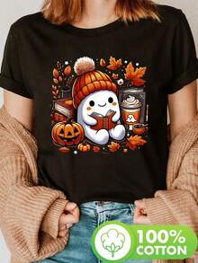 Camiseta Estampada para Mujer - Camiseta Casual de Manga Corta y Cuello Redondo en Negro con Diseño Colorido de Otoño, Corte Relajado para Todas las Estaciones, Perfecta para el Uso Diario y Atuendos de Vacaciones (Lavable aáquina). - Negro - Ver 6