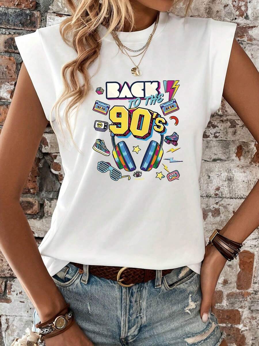 Women's T-Shirt With Nostalgic 90s Graphic Print, Retro Cassette Headphone Style, Short Sleeve, Round Neck, Casual Top For Summer And Spring, Women's Clothing, Casual Printed T-Shirt, Short Sleeve And Round Neck, Local Spring/Summer Urban Fashion. - 白色 - 查看 1