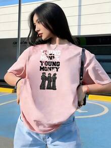 T-Shirt With "YOUNG MONEY" Text And Urban Figures,  Short-Sleeved T-Shirt For Spring And Summer 2026, Made In Mexico, 180 Grams. Cartoon Print, Couple Design, Suitable For Indoor Or Outdoor Wear. Crew Neck, Unisex, Ideal For Office And Leisure. One-Pack. - PK-P631577SLNDXZGY596 - 查看 3