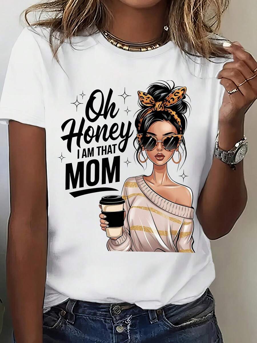 Women's Printed T-Shirt With Mom Quote Graphic Design - Off Shoulder Striped Sweater, Casual Short Sleeve Crew Neck T-Shirt, Relaxed Fit For All Seasons, Perfect For Everyday Wear And Holiday Outfits (Machine Washable). - 白色 - 查看 1
