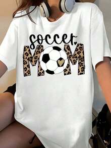 Women's Leopard Print T-Shirt, Casual Summer Style, Gift For Football Fans, White Cotton T-Shirt - 白色 - 查看 1