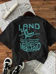 | Exquisite Design | Loose And Comfortable | Easy To Match | [Double-Sided Print] Women's Casual Spring And Summer T-Shirt, Vintage Style, Mermaid Tail Cut, Printed With The Words LAND MERMAID, Round Neck, Pure Cotton, Short Sleeve [Ling - 黑色 - 查看 3