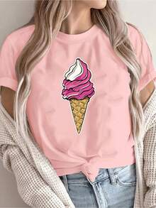 Women's T-Shirt [New Summer Recommendation] Ice Cream Print T-Shirt, Casual For Women, Vacation, Short Sleeve, Round Neck, Spring And Summer, Machine Washable, New Women's Clothing, Versatile, Casual Going Tops For Women - 白色 - 查看 8