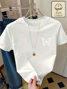 Women's T-Shirt, 100% Pure Cotton, Printed With A White Butterfly Design, Short-Sleeved T-Shirt With Round Neck, Summer Clothing, Comfortable And Breathable, Summer Clothes For Women, Tops For Women. - 黑色 - 查看 8