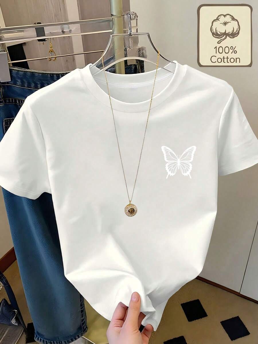 Women's T-Shirt, 100% Pure Cotton, Printed With A White Butterfly Design, Short-Sleeved T-Shirt With Round Neck, Summer Clothing, Comfortable And Breathable, Summer Clothes For Women, Tops For Women. - 白色 - 查看 1