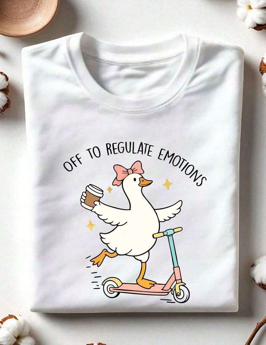 "Go Regulate Your Emotions" T-Shirt, Funny Goose T-Shirt, Mental Health Gift, Gifts For Teachers And Therapists, Counselor Uniform, Goose With Coffee Scooter T-Shirt, Therapy Break. Cotton T-Shirt OC-560 - 白色 - 查看 1