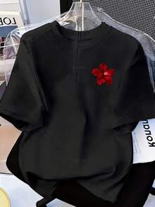 Plus Size Women's T-Shirt, Plus Size Casual T-Shirt For Women, Pink T-Shirt With Red Floral Embroidery, Casual Summer Top For Women, Soft And Loose T-Shirt,  Urban Style Short Sleeve Printed T-Shirt, Round Neck Top Suitable For Spring And Summer, A Great Gift For Easter And Mother's Day. - 黑色 - 查看 1
