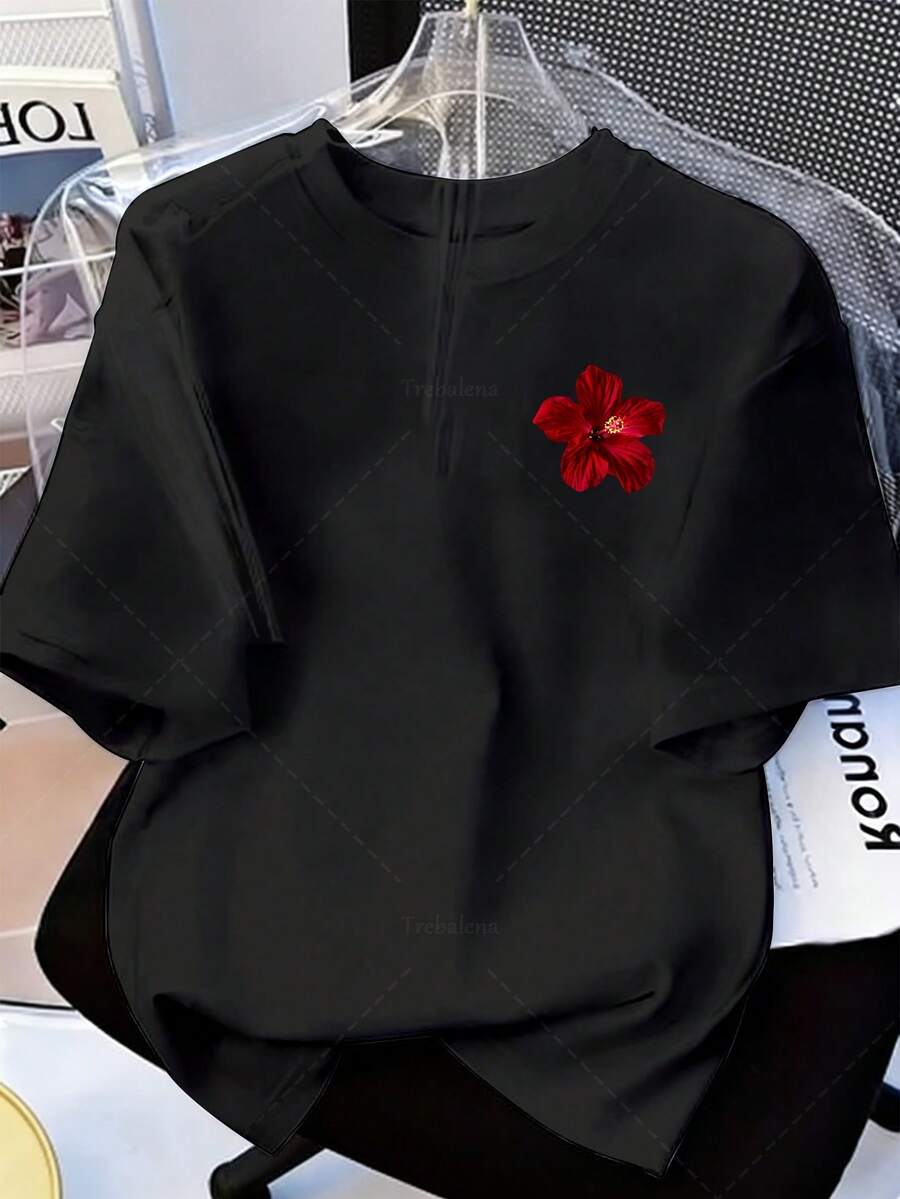 Plus Size Women's T-Shirt, Plus Size Casual T-Shirt For Women, Pink T-Shirt With Red Floral Embroidery, Casual Summer Top For Women, Soft And Loose T-Shirt, Urban Style Short Sleeve Printed T-Shirt, Round Neck Top Suitable For Spring And Summer, A Great Gift For Easter And Mother's Day. - 黑色 - 查看 1