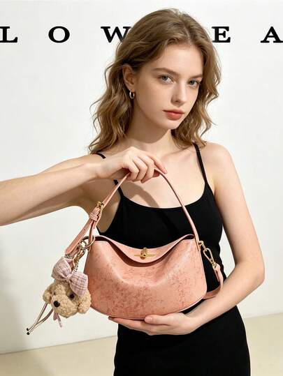 low tea 1 pieza Bolso de mano de PU de color contrastante bajo, bolso de mano de almohada de moda retro para mujer, diseño de asa superior, cierre de giro, correa para el hombro ajustable, adecuado para ir a la oficina, al aire libre, viajes, salidas (con colgante)