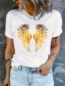 Camiseta Casual de Verano con Estampado de Alas de Ángel Doradas - [Blanco] - Ver 6