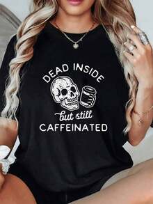 Women's Casual T-Shirt With Skull And Coffee Print - Original And Fun Design For A Unique Look - 黑色 - 查看 1