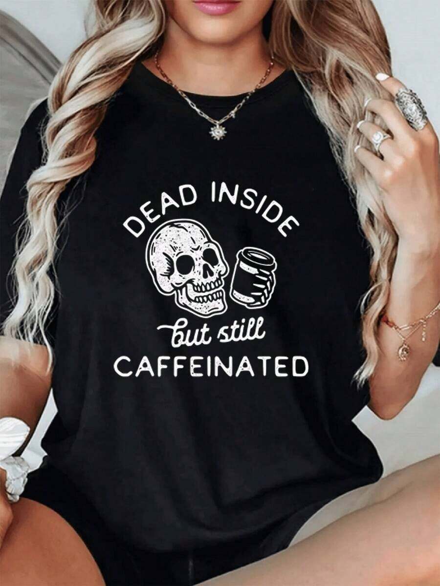 Women's Casual T-Shirt With Skull And Coffee Print - Original And Fun Design For A Unique Look - 黑色 - 查看 1