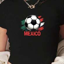 Women's Mexican National Football Team Jersey, Y2K Style, Short Sleeve, Mexican Flag Print, Slim Fit, Fan Apparel In Green, White, And Red National Colors, Casual Match Day Wear - 黑色 - 查看 7