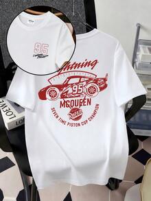 Officially Licensed Disney  Cars Lightning McQueen 95 Piston Cup Champion Vintage Racing Graphic T‑Shirts For Men 100% Cotton Short Sleeve Crew Neck Retro Race Car Oversized Streetwear Tee Motorsport Automotive Summer Casual Daily Racing Fan Outfit - trắng - Xem 2