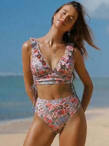 Conjunto de camiseta de tirantes y bikini con estampado floral ditsy para mujer, ideal para vacaciones románticas en la playa, nuevas llegadas de moda primavera/verano 2026: estilos de Año Nuevo, estilos de San Valentín, estilos de vuelta al col - Rosa - Ver 3