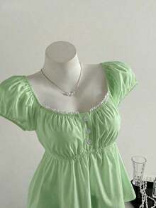 de mujer de unicolor con cuello cuadrado y manga corta, para vacaciones - Verde - Ver 3