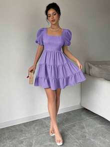 Vestido de verano, primavera y playa, elegante y romántico, para conciertos, estilo bohemio con mangas abultadas, espalda descubierta, lazo, para vacaciones, tiempo libre y viajes, con volantes en el bajo, color caqui, nuevo modelo 2025 - Morado - Ver 7
