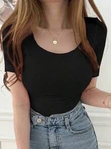 Camiseta básica de verano de mujer con corte slim fit y largo cropped - Negro - Ver 1
