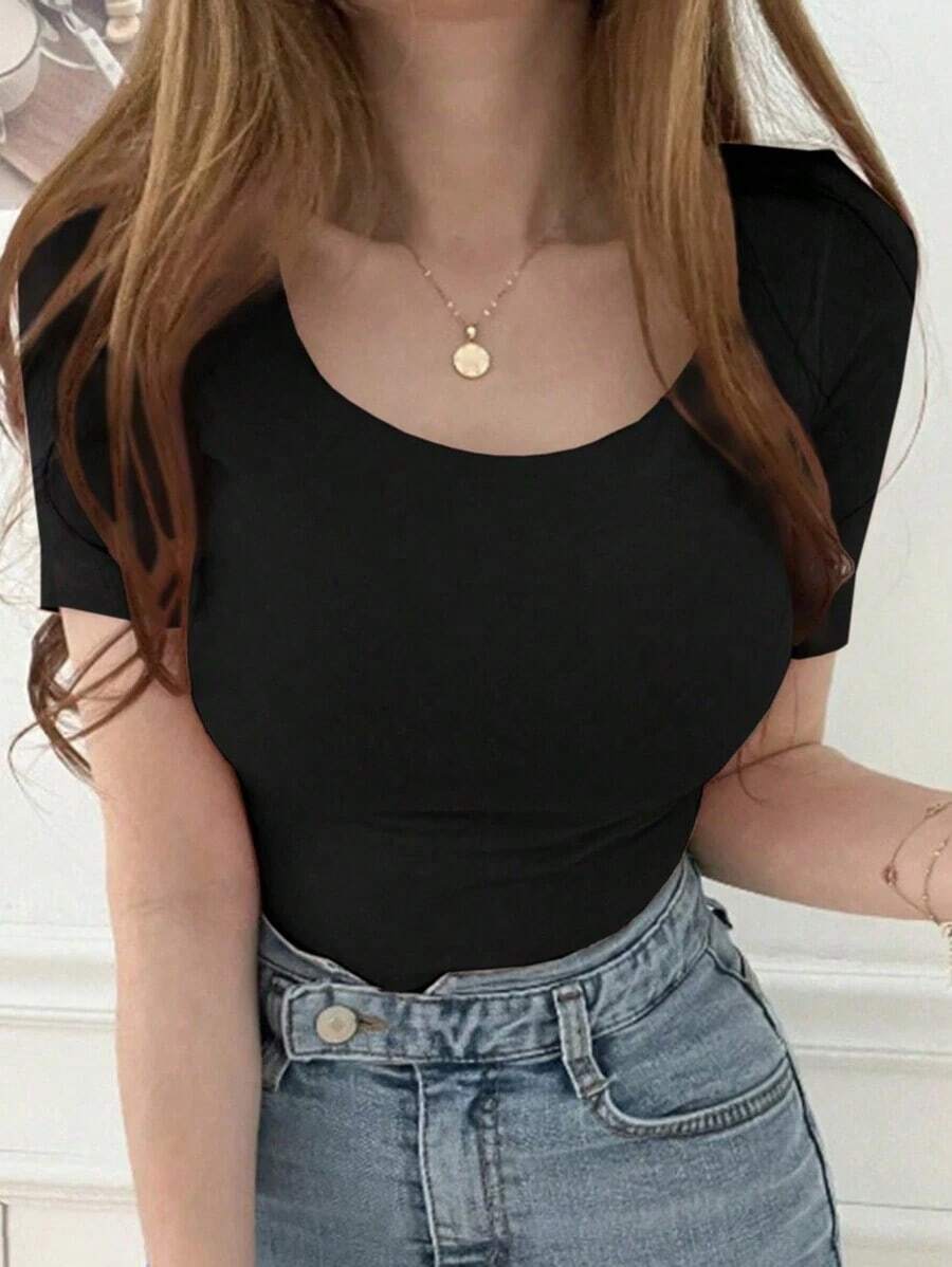 Camiseta básica de verano de mujer con corte slim fit y largo cropped - Negro - Ver 1