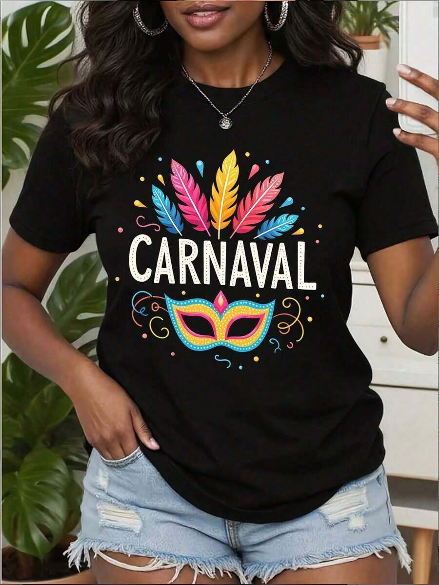 Carnaval Fiesta Taco Luz del sol Y Sonríe 100% Algodón Mujeres Carnaval Corto Manga Superior CARNAVAL Máscara Pluma Imprimir Vacaciones Regalo Redondo Cuello Máquina Lavable Cómodo, Suave, Transpirable Adecuado Para Primavera Verano, Y Otoño Suelto Informal Moda Desplazamientos diarios Diario Simple Versátil Mujeres Superior S-XXL Transpirable Algodón Tee, Todos Partido Positivo Actitud Positivo Ropa de Verano Fresca para Mujer de Attitude - Negro - Ver 1