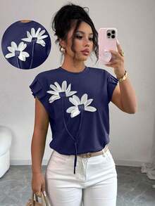 Camiseta de mujer con flores tridimensionales lindas y contrastantes para verano y otoño - Azul marino - Ver 8